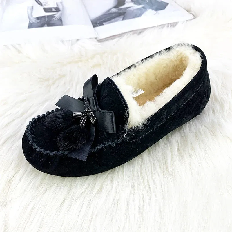 100% Genuine Leather Women Flats Casual Moccasins Driving Shoes Natural Fur Wool Women Loafers Fashion Comfortable Shoes Woman