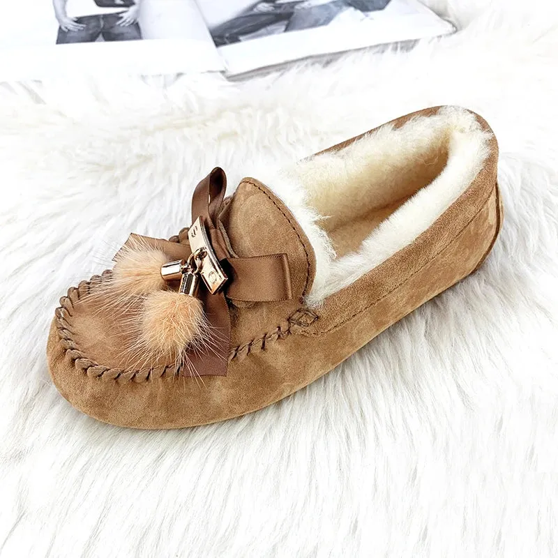 100% Genuine Leather Women Flats Casual Moccasins Driving Shoes Natural Fur Wool Women Loafers Fashion Comfortable Shoes Woman