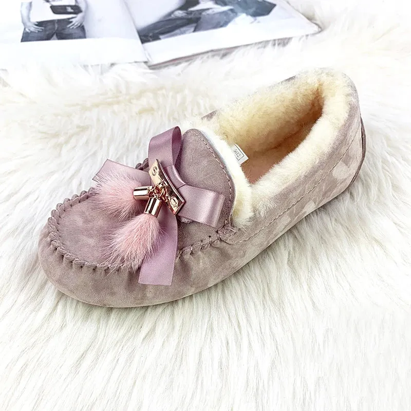 100% Genuine Leather Women Flats Casual Moccasins Driving Shoes Natural Fur Wool Women Loafers Fashion Comfortable Shoes Woman