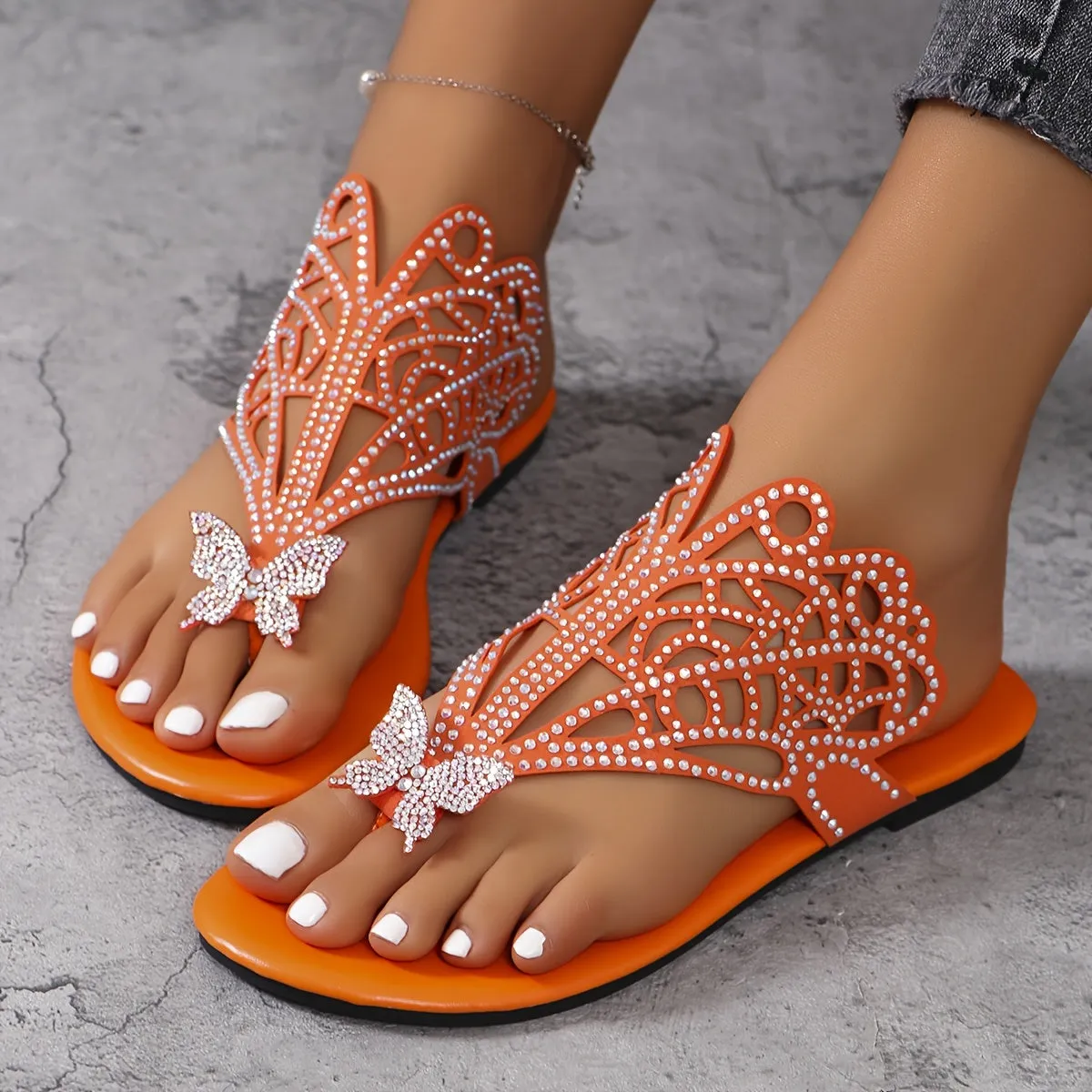 Amozae-Shimmering Rhinestone Butterfly Slide Sandals - Fashion-Forward Casual Flip Flops for Summer - Lightweight, Breathable, and Quick-Dry Flat Shoes with Adjustable Hollow Out Design