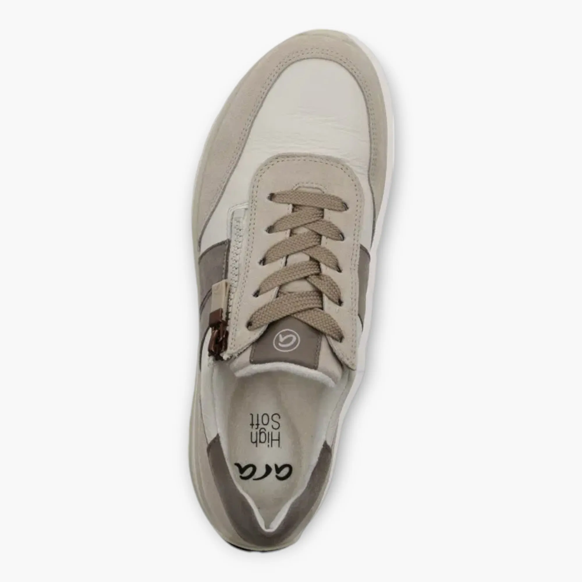 Ara White and Taupe Winter Trainers with Side Zipper & Off-Cream Sole - HighSoft Comfort