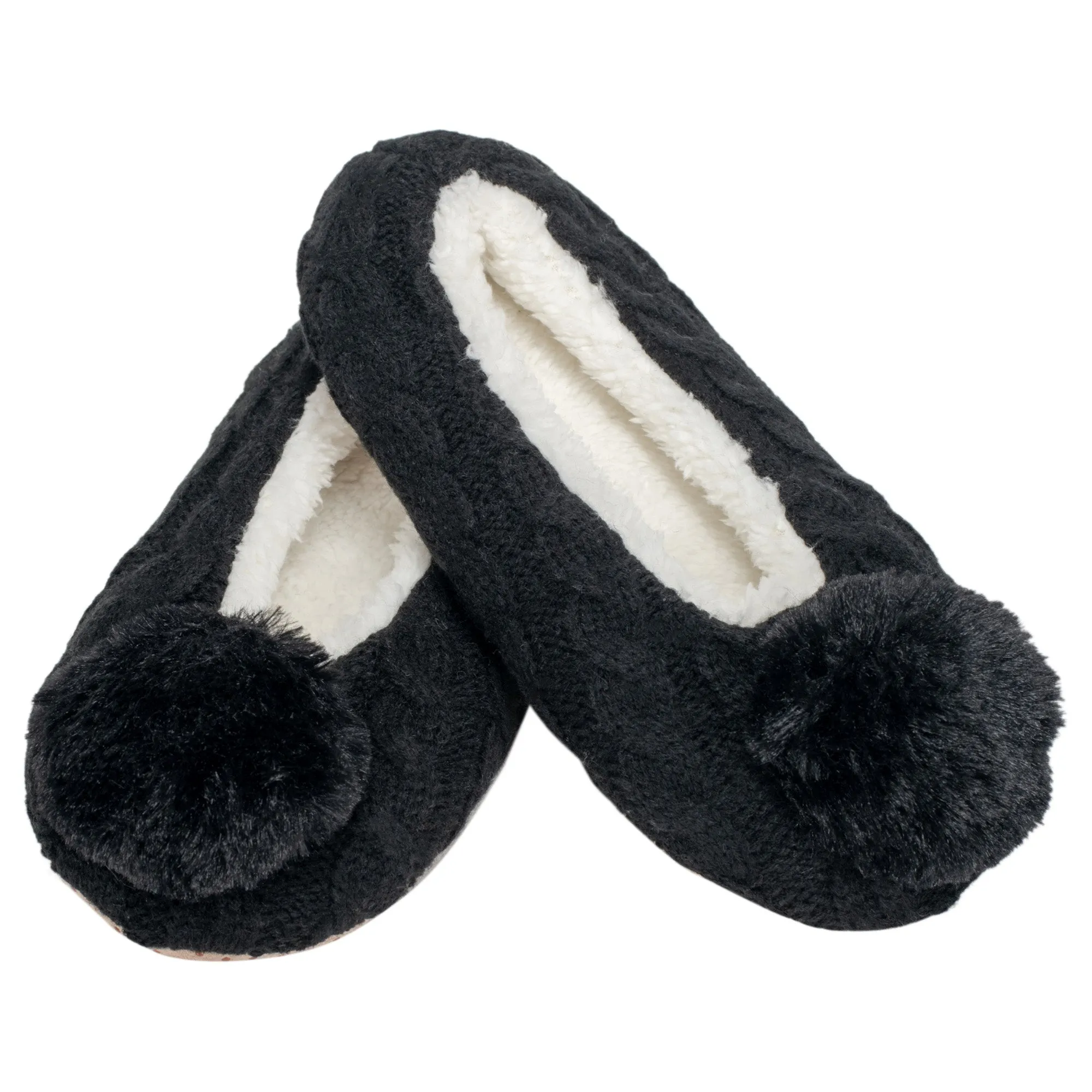 Ballerina Knit Pom Womens Plush Lined Cozy Non Slip Indoor Soft Slipper - Black, Large