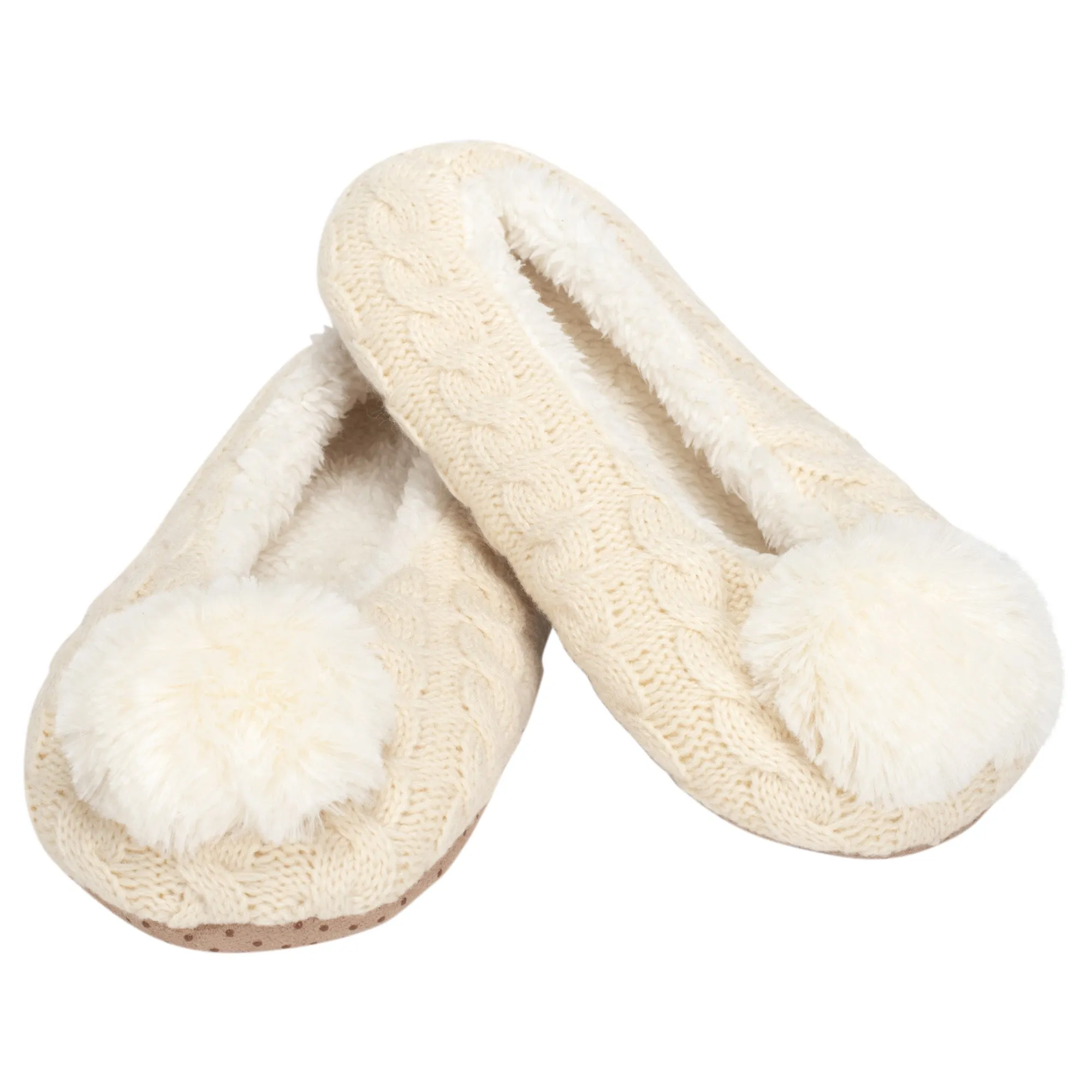 Ballerina Knit Pom Womens Plush Lined Cozy Non Slip Indoor Soft Slipper - Cream, Medium