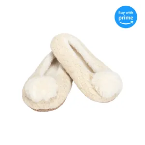 Ballerina Knit Pom Womens Plush Lined Cozy Non Slip Indoor Soft Slipper - Cream, Medium