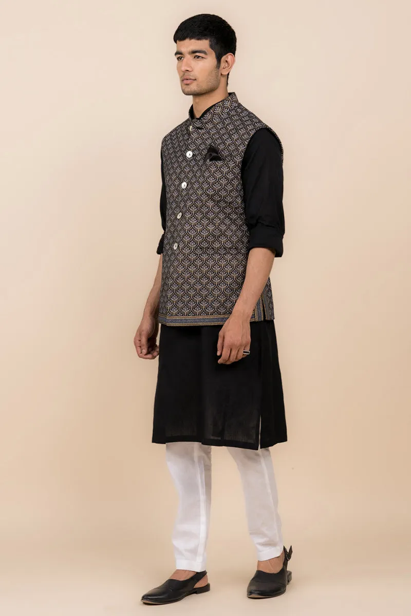 Black All Over Printed Kurta Bundi Set