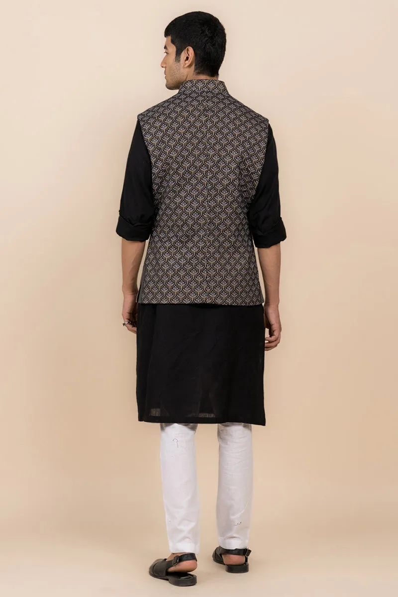 Black All Over Printed Kurta Bundi Set