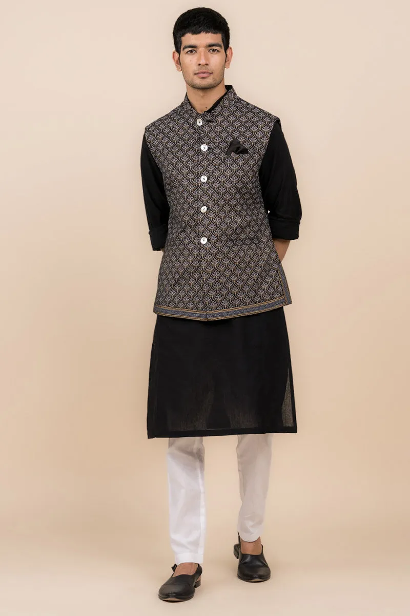 Black All Over Printed Kurta Bundi Set