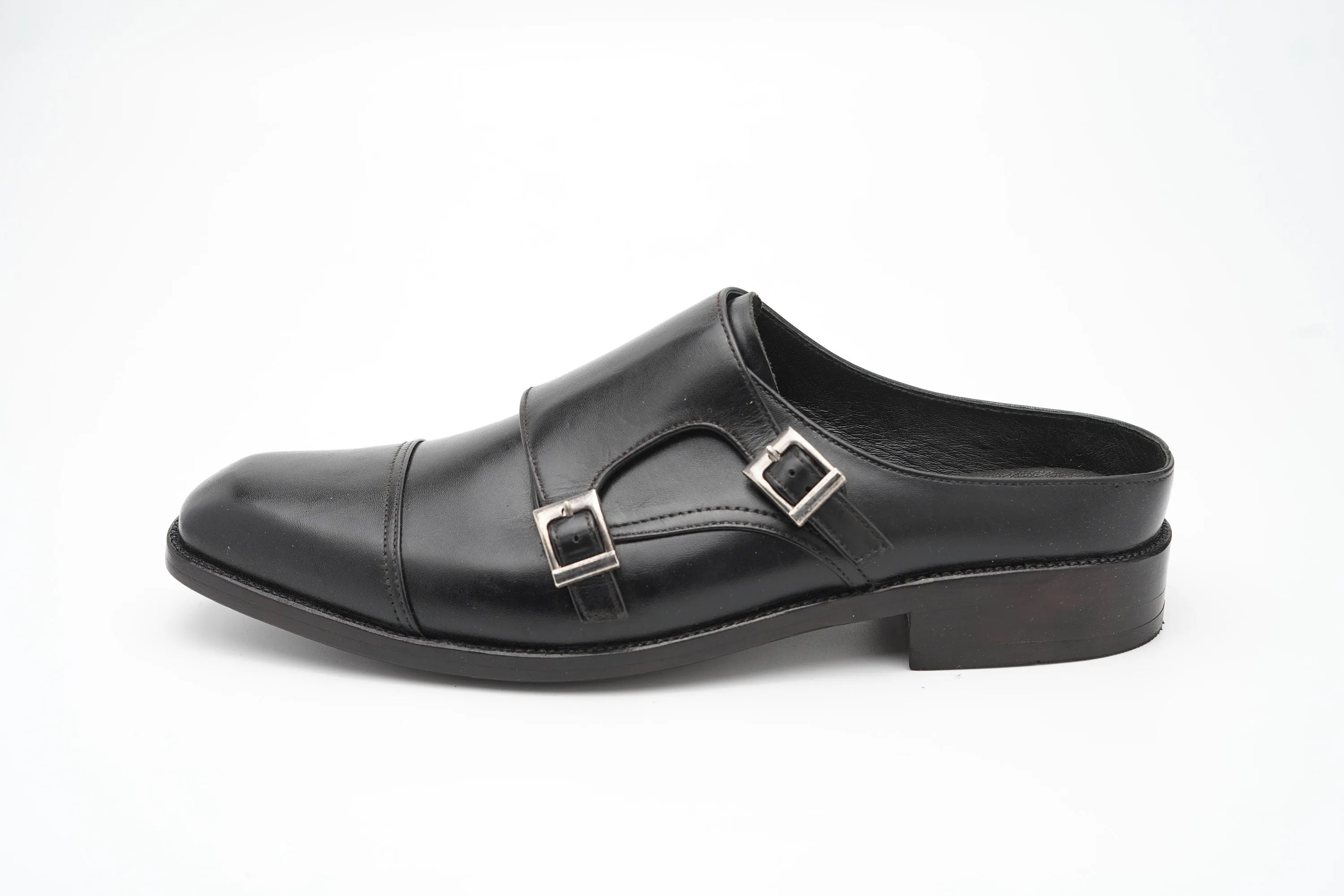 Black backless Double Buckle loafer Slip On Mule Custom Made-To-Order Shoes Premium Quality Handmade using Full Grain Aniline Leather