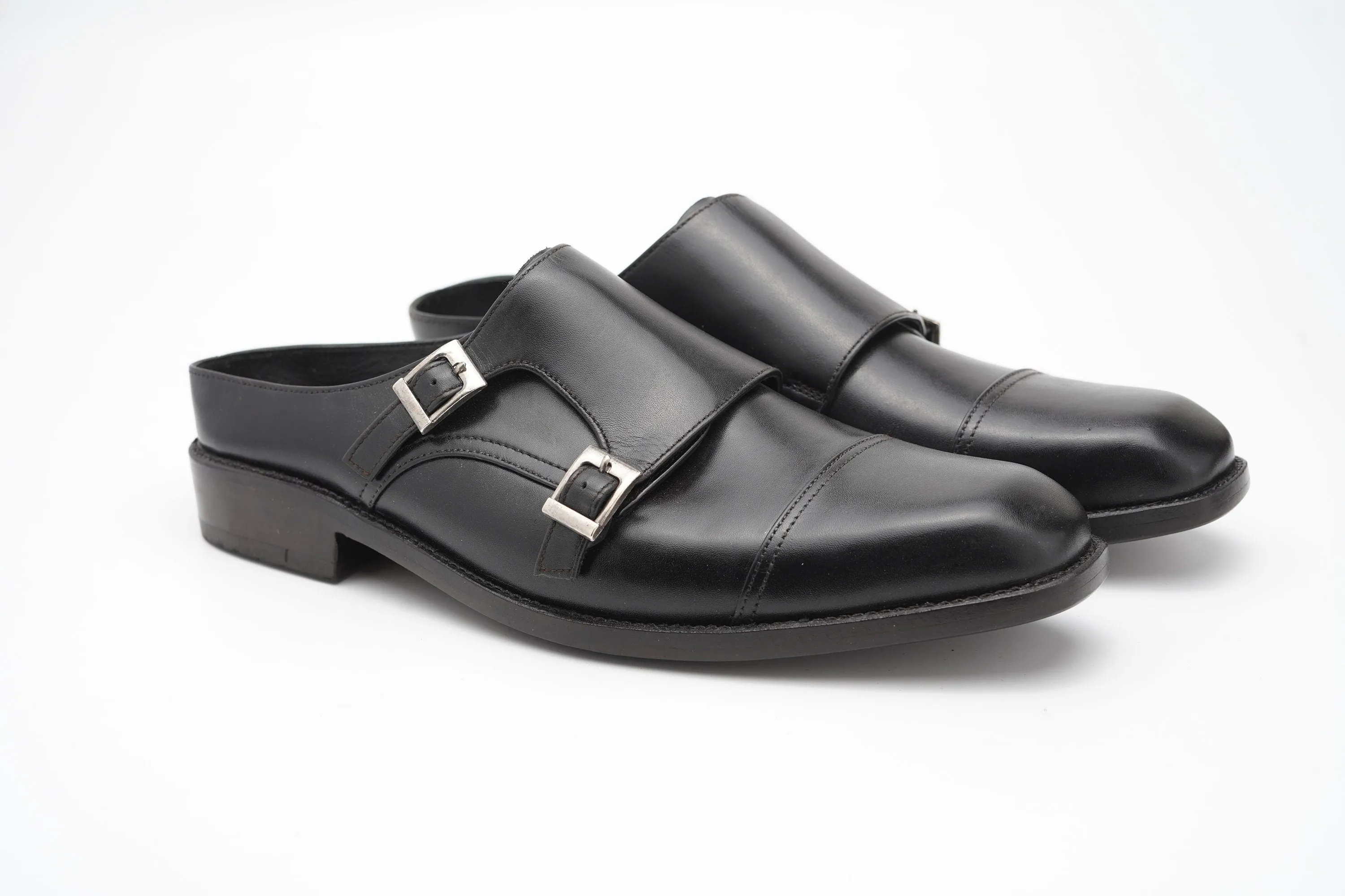 Black backless Double Buckle loafer Slip On Mule Custom Made-To-Order Shoes Premium Quality Handmade using Full Grain Aniline Leather