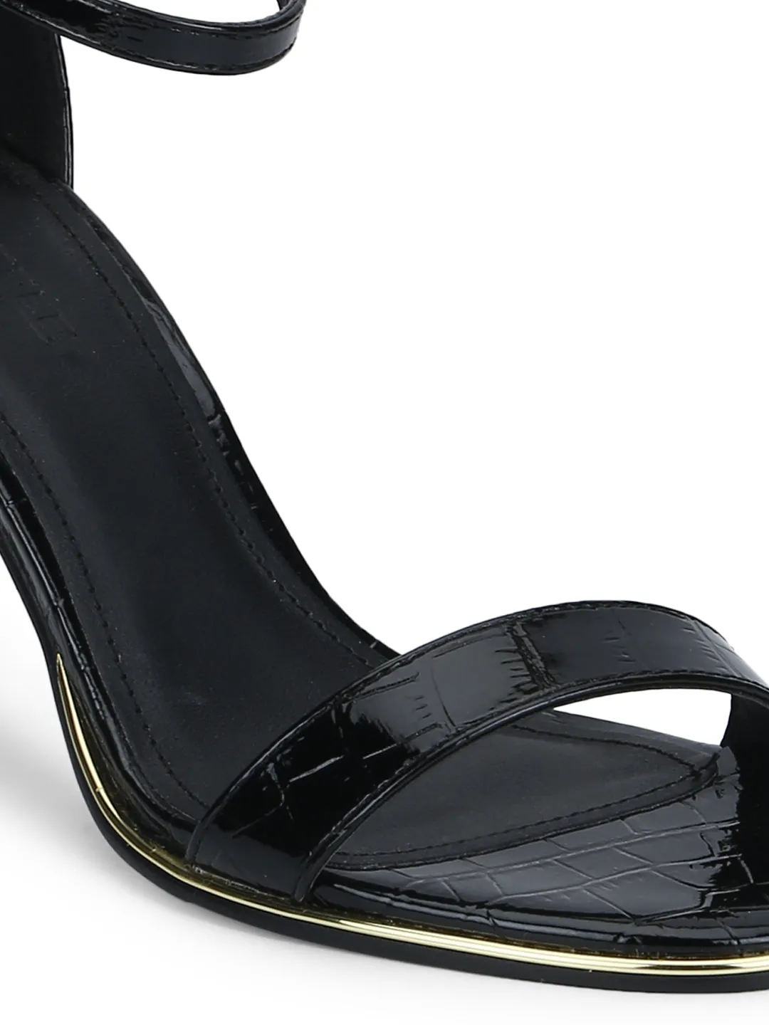 Black Croc Ankle Strap Low Heel Stilettos