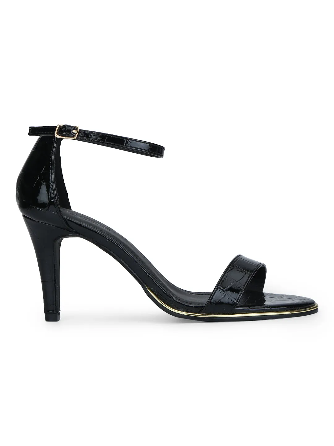 Black Croc Ankle Strap Low Heel Stilettos