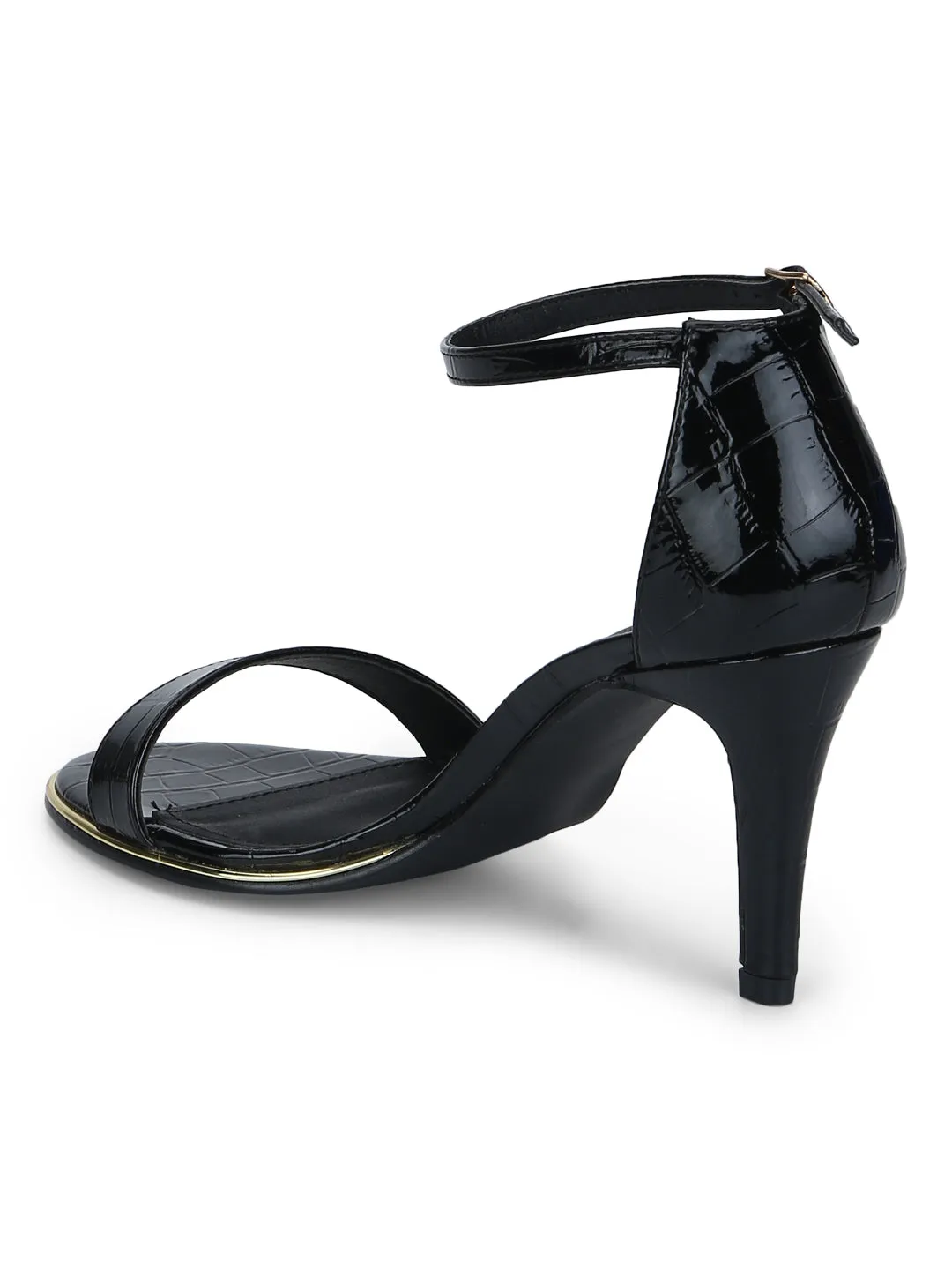 Black Croc Ankle Strap Low Heel Stilettos