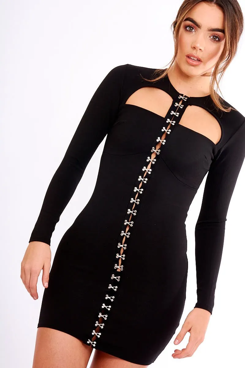 Black Cut Out Eyelet Front Bodycon Dress - Staci