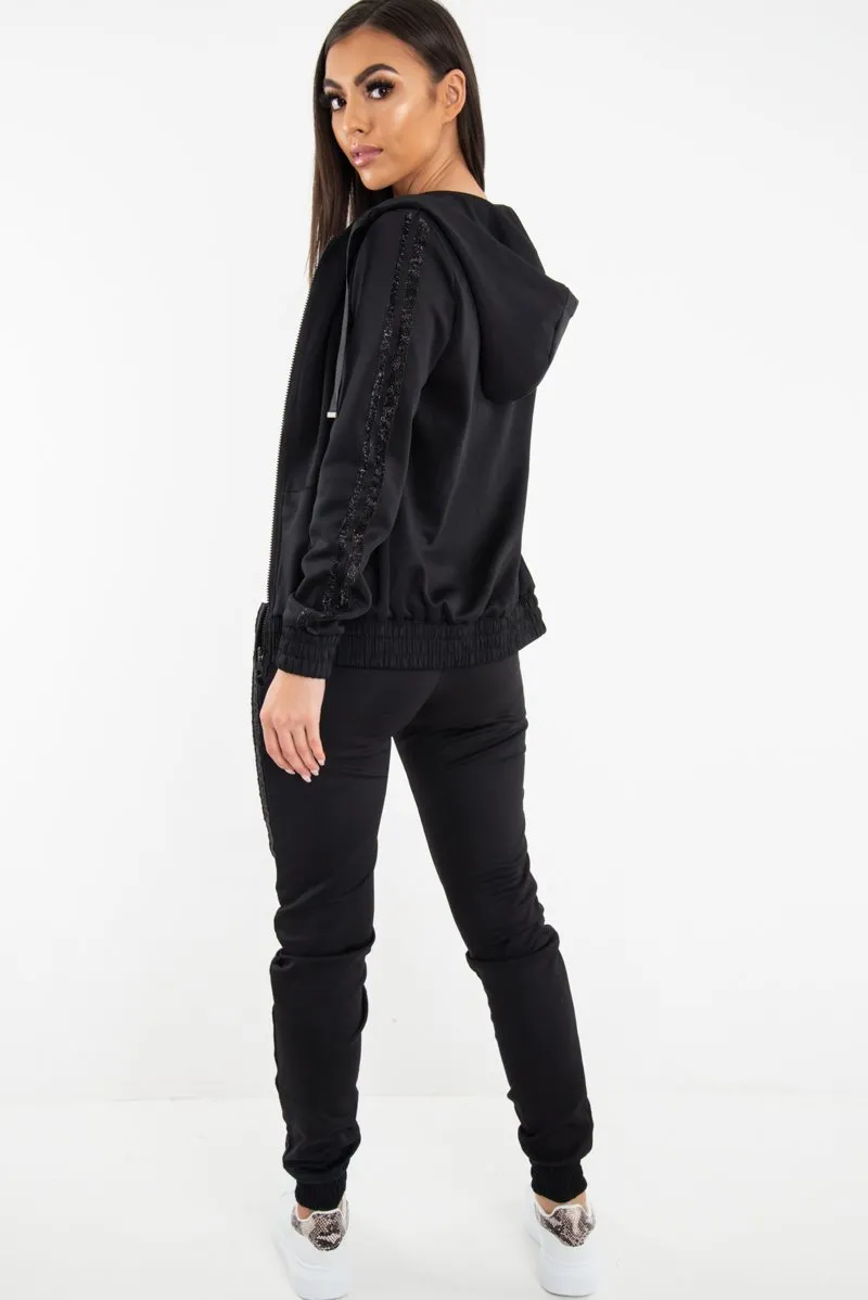 Black Glitter Side Stripe Crepe Tracksuit - Gionna