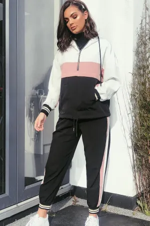 Black Pink Zip Front Drawstring Hoodie and Jogger Set - Evon