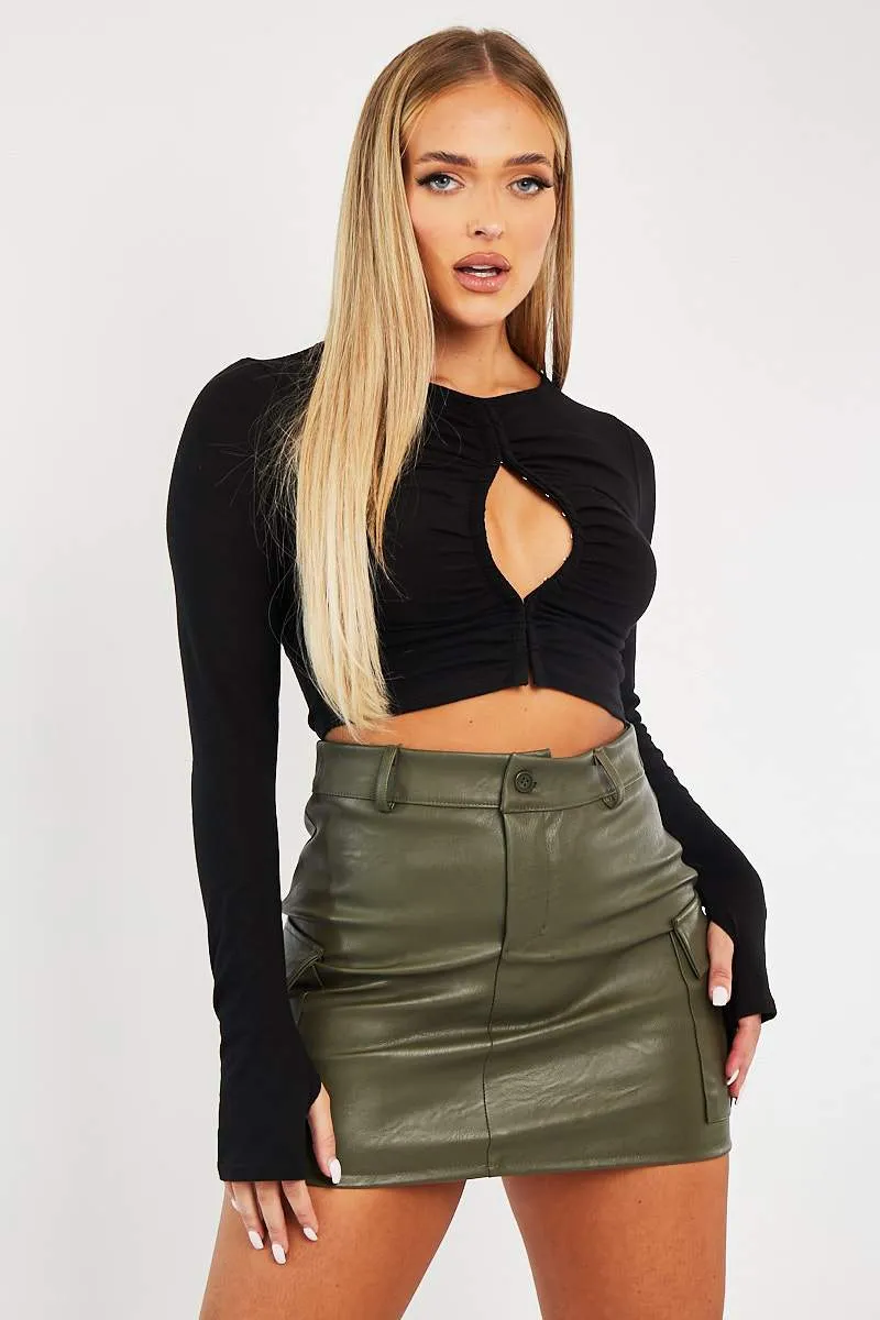 Black Ruched Centre Front Fastening Crop Top - Cambrea