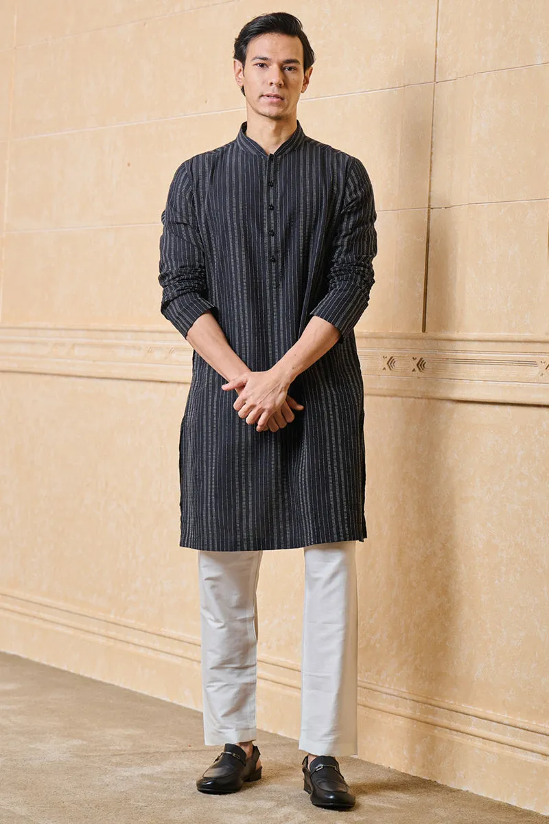 Black Striped Cotton Jacquard Kurta Set