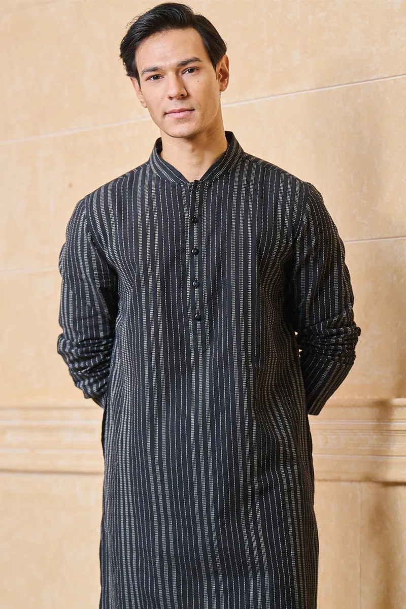 Black Striped Cotton Jacquard Kurta Set