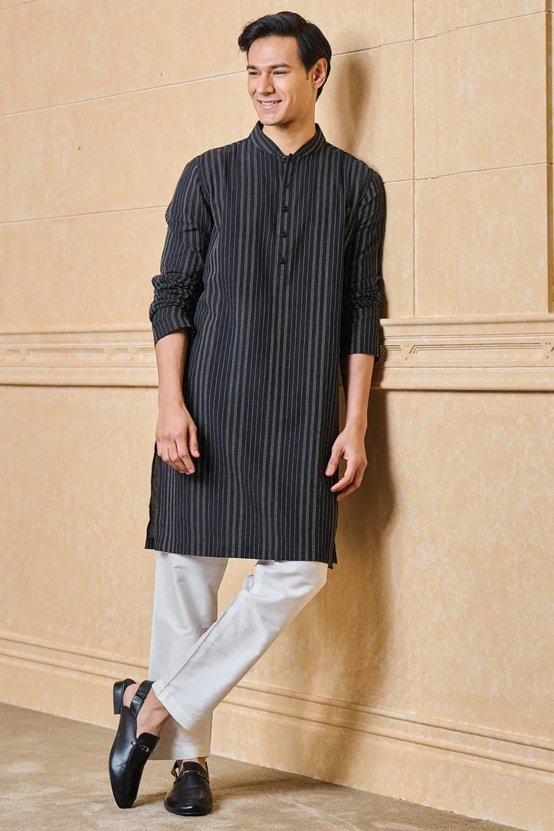 Black Striped Cotton Jacquard Kurta Set