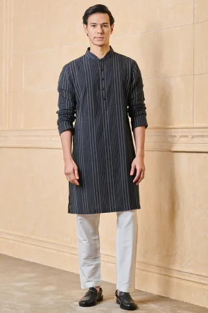 Black Striped Cotton Jacquard Kurta Set