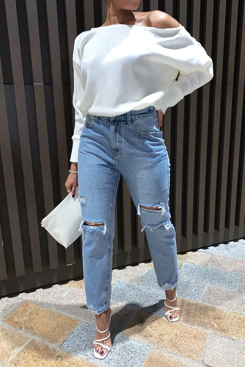 Blue Distressed Ankle Denim Mom Jeans - Bobbi