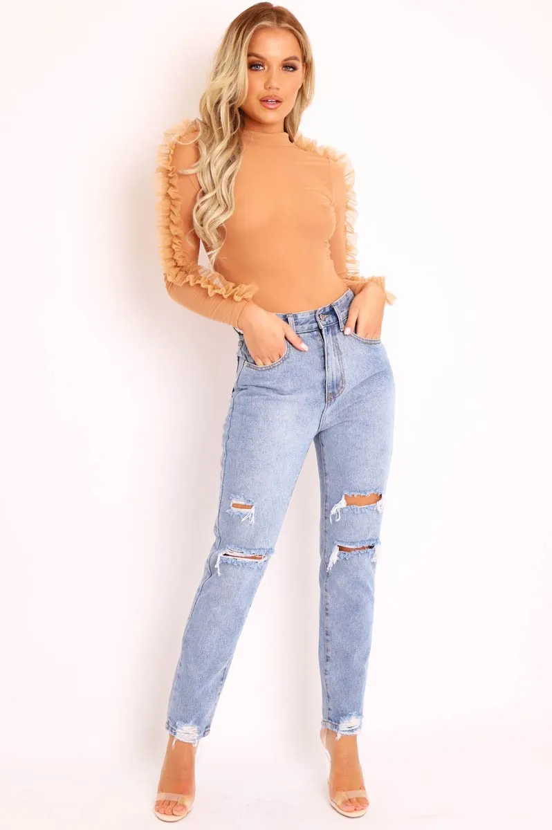 Blue Distressed Ankle Denim Mom Jeans - Bobbi