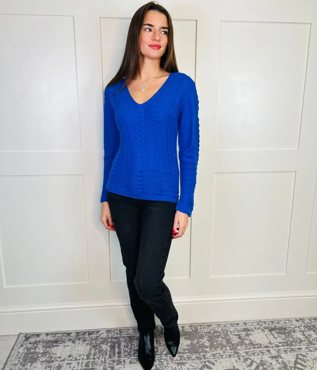 Blue V Neck Cable Jumper