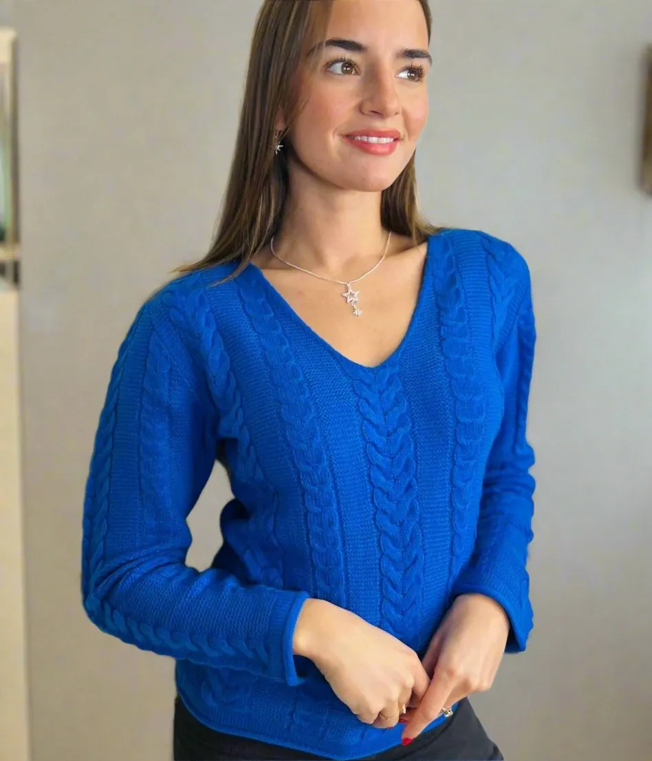 Blue V Neck Cable Jumper