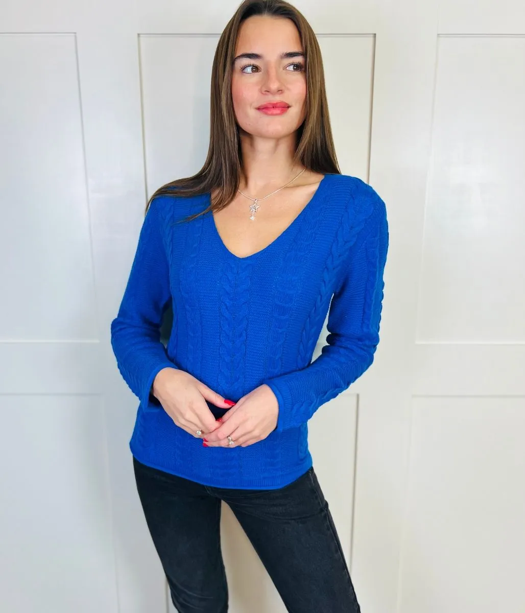 Blue V Neck Cable Jumper