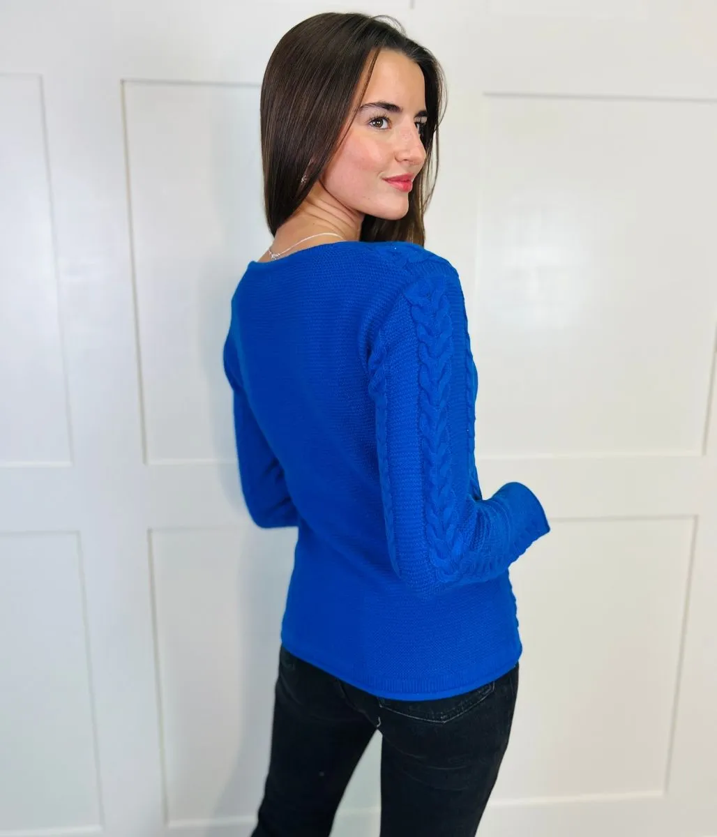 Blue V Neck Cable Jumper