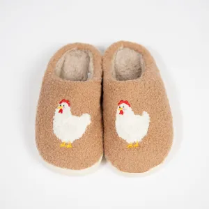 Brown Fuzzy Chicken Slippers - Kids