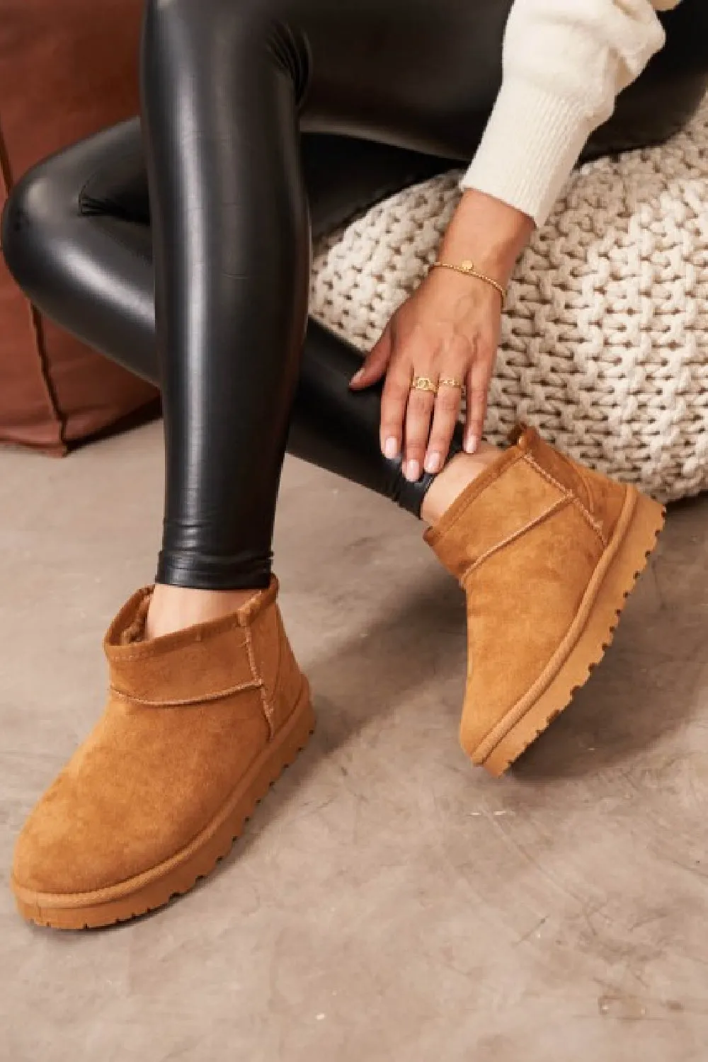 CHESTNUT FAUX SUEDE ULTRA MINI COZY SNOW ANKLE BOOTS