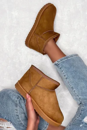 CHESTNUT FAUX SUEDE ULTRA MINI COZY SNOW ANKLE BOOTS