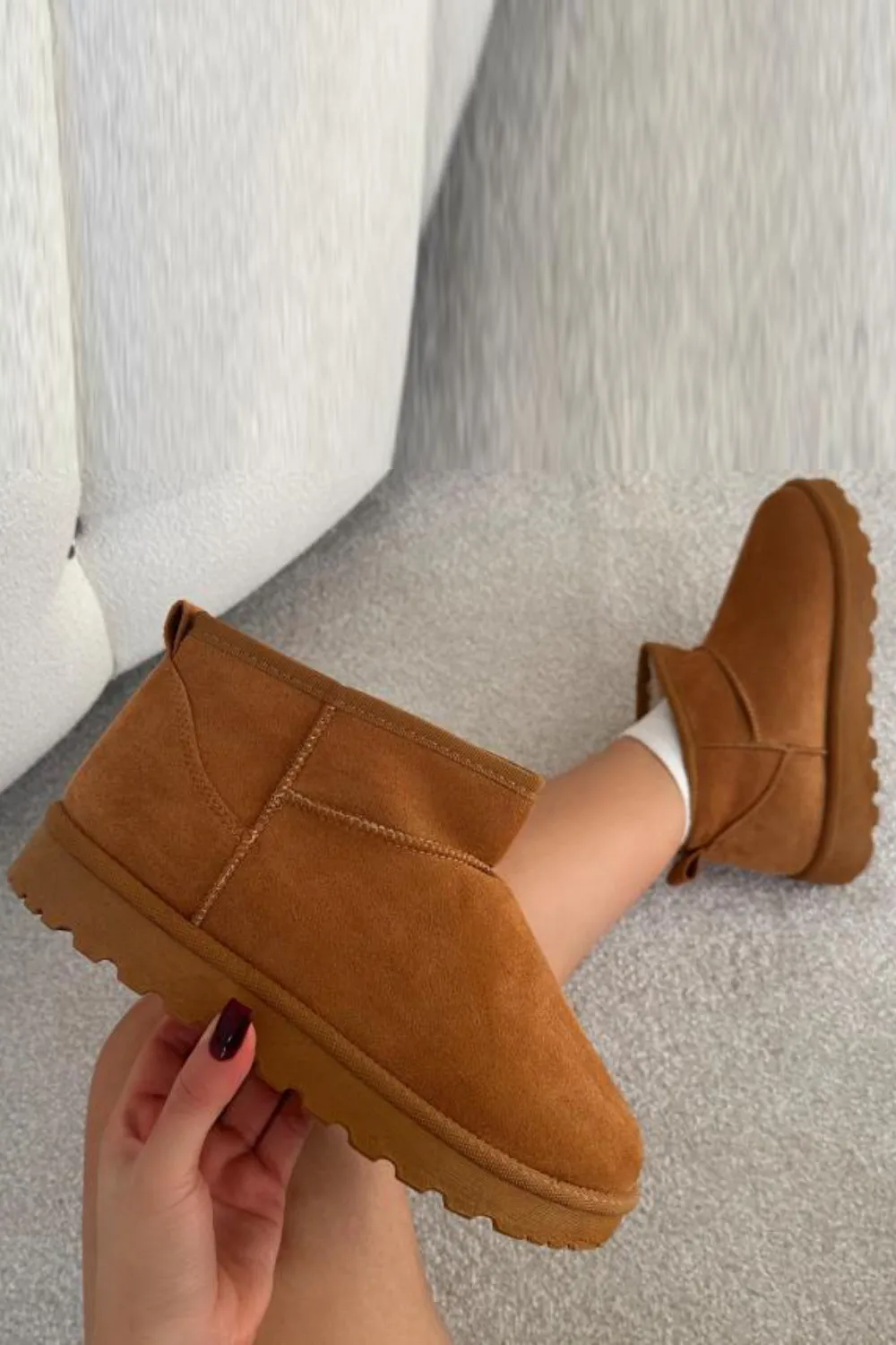 CHESTNUT FAUX SUEDE ULTRA MINI COZY SNOW ANKLE BOOTS