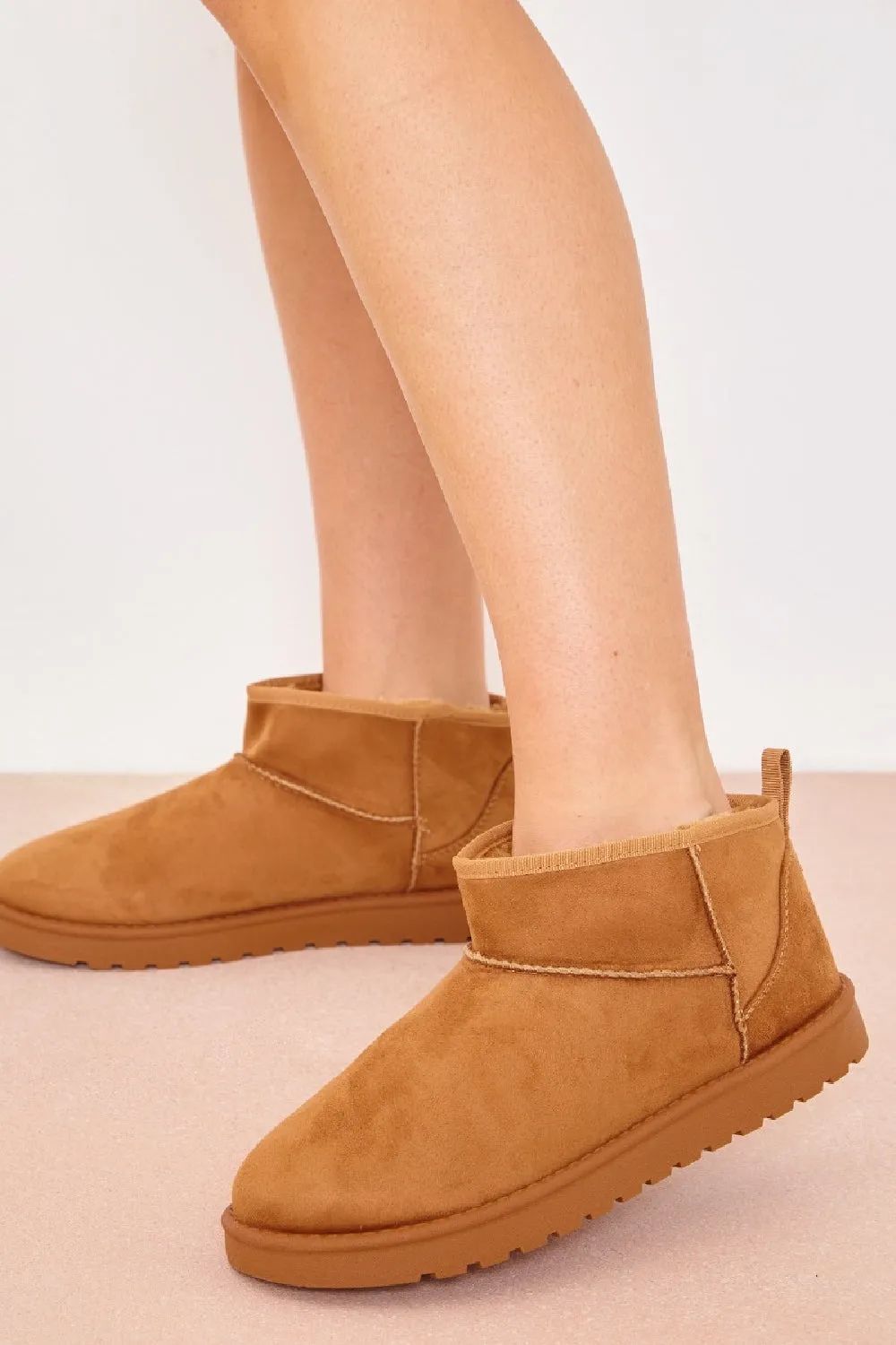 CHESTNUT FAUX SUEDE ULTRA MINI COZY SNOW ANKLE BOOTS