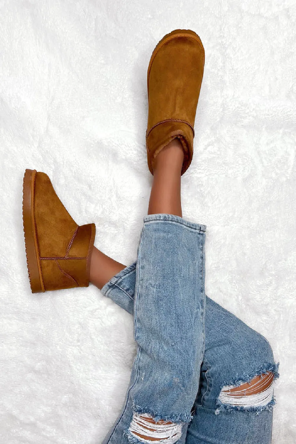 CHESTNUT FAUX SUEDE ULTRA MINI COZY SNOW ANKLE BOOTS