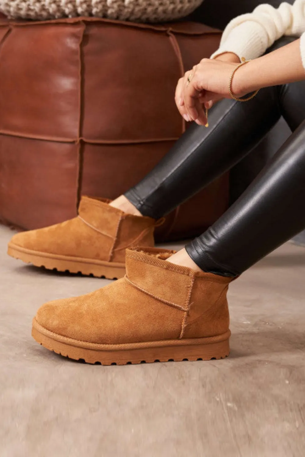 CHESTNUT FAUX SUEDE ULTRA MINI COZY SNOW ANKLE BOOTS