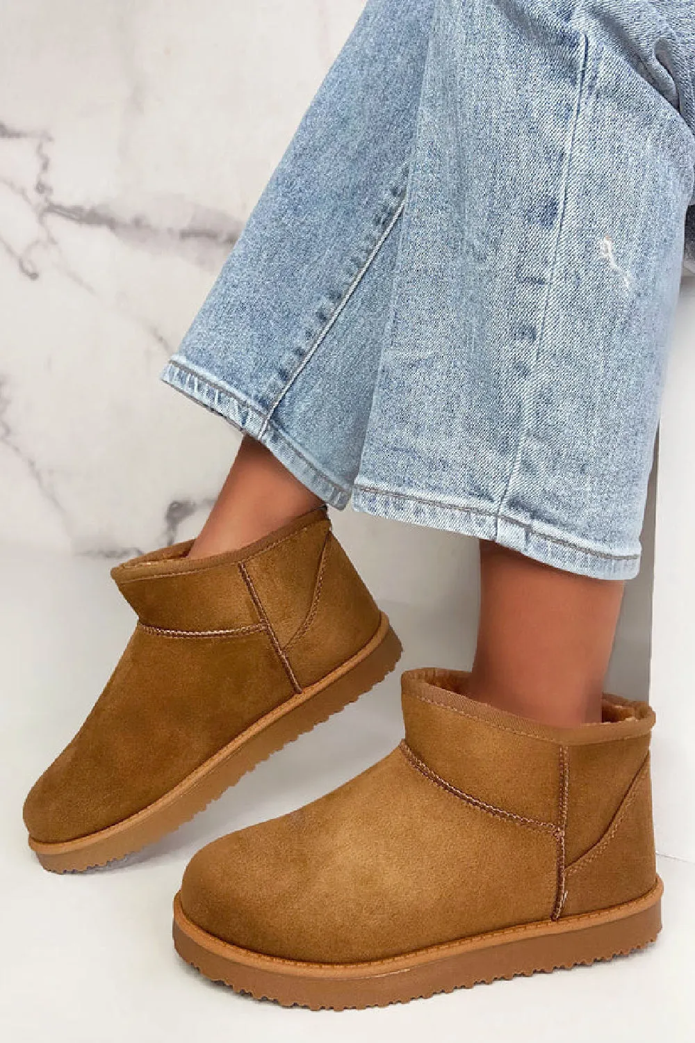 CHESTNUT FAUX SUEDE ULTRA MINI COZY SNOW ANKLE BOOTS