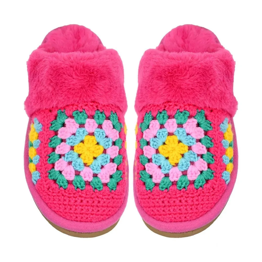 Crochet Granny Square Fur Cuff Slippers - Fuchsia