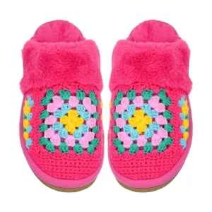 Crochet Granny Square Fur Cuff Slippers - Fuchsia