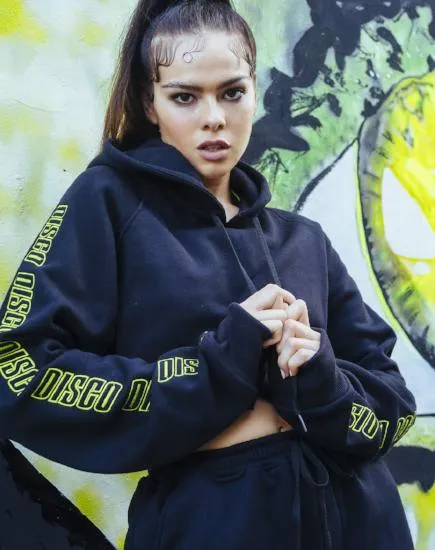 Cropped Black Hoodie in Disco Embro