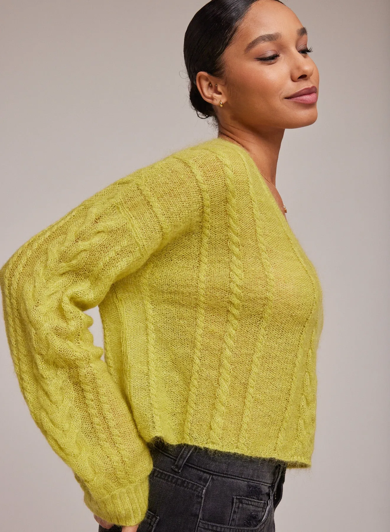 Cropped Oversized V-Neck Cable Sweater - Golden Chartreuse