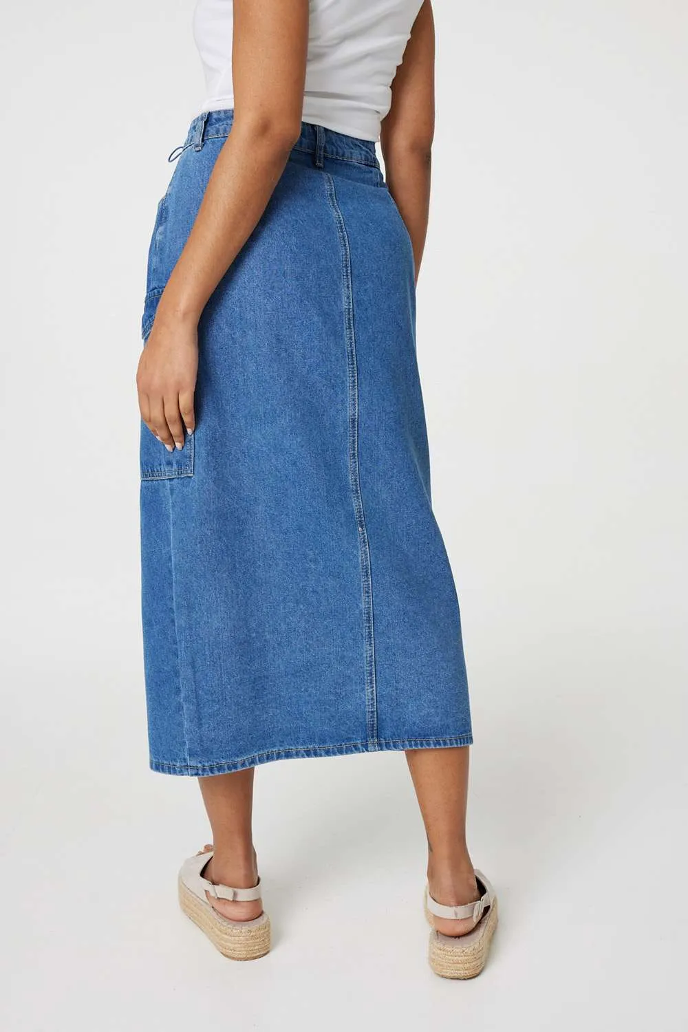 Denim High Waist Split Midi Skirt