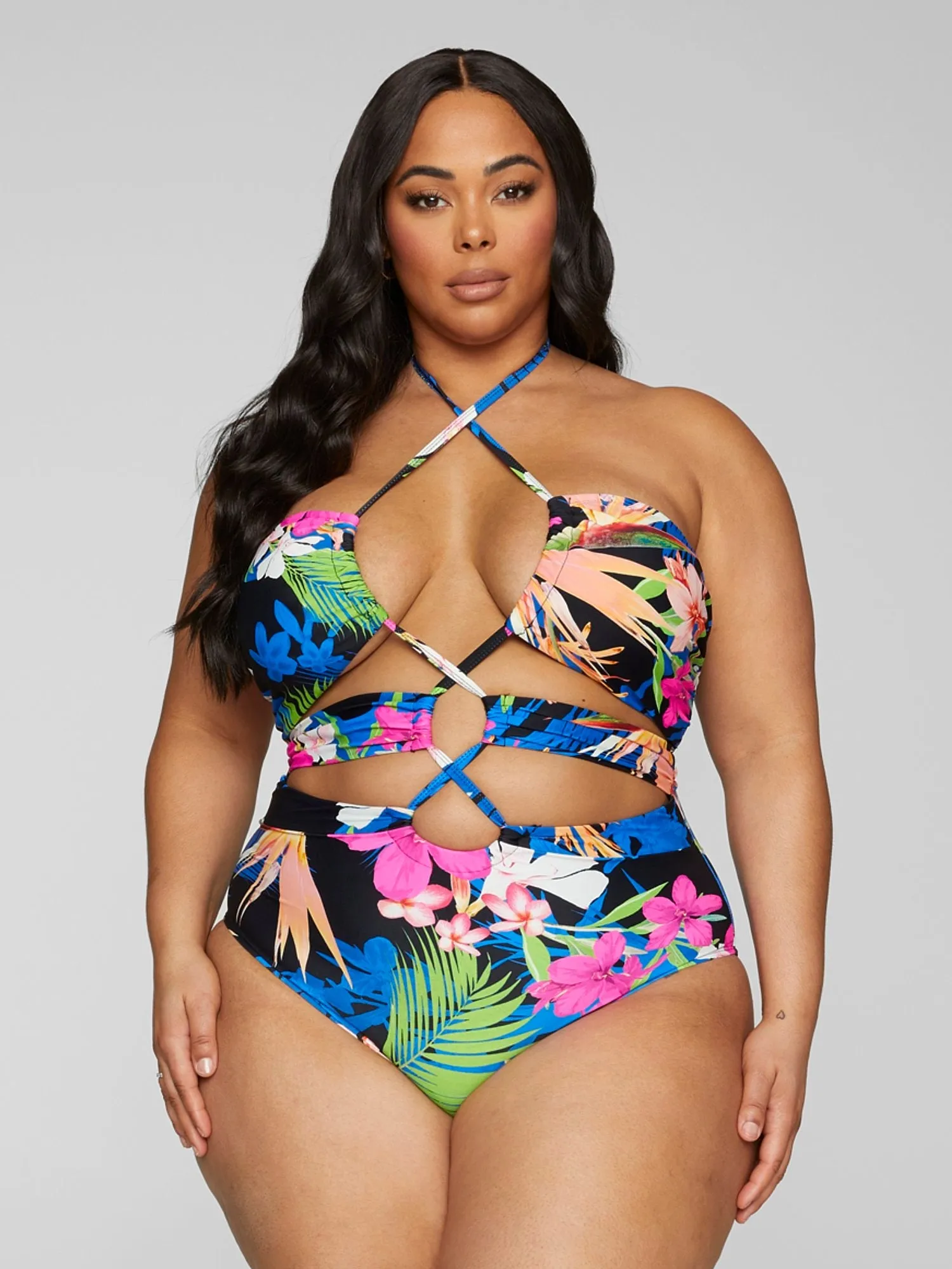 Fashion To Figure - Nyla Halter Tropical Print One-Piece Swimsuit