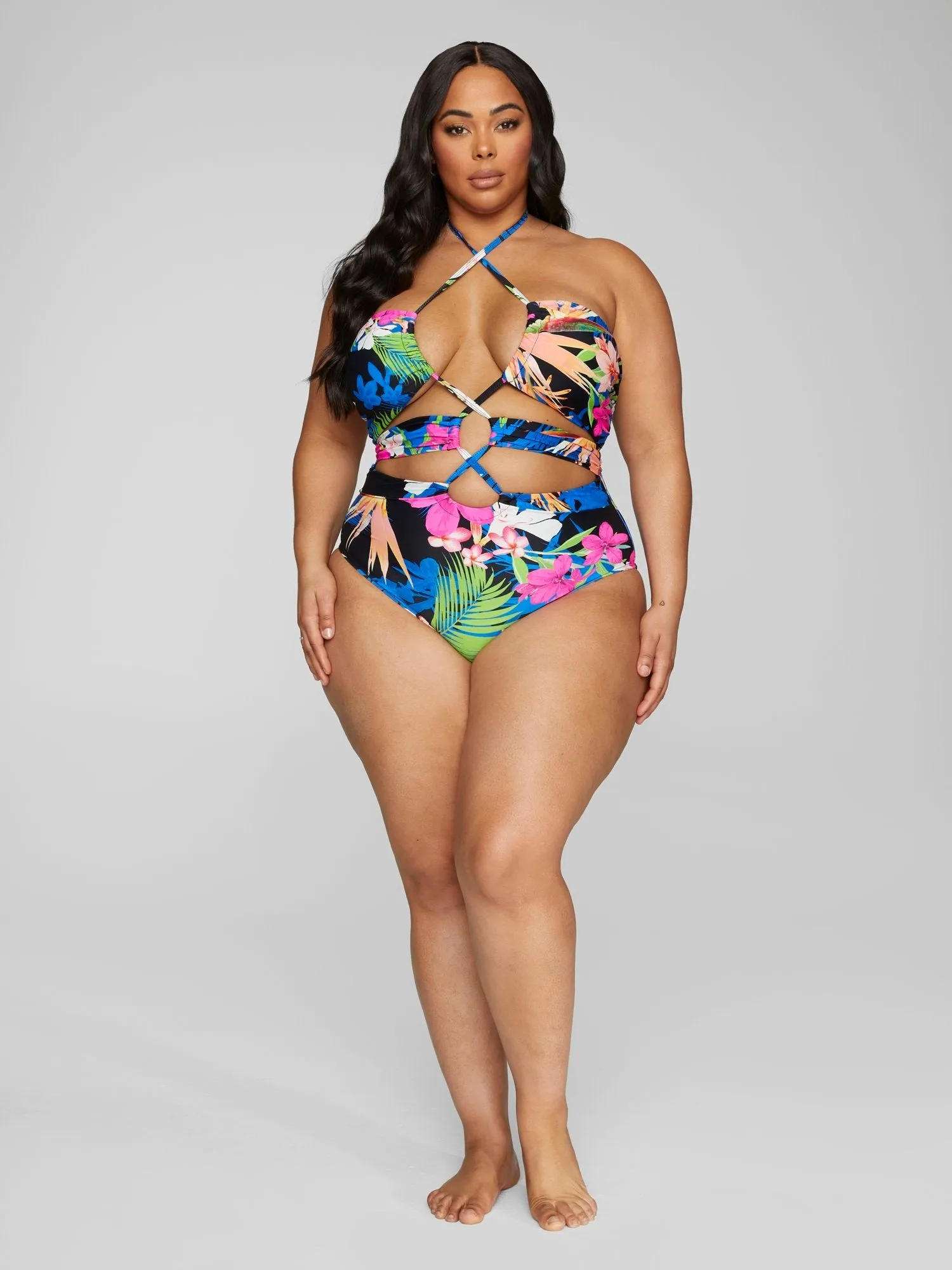 Fashion To Figure - Nyla Halter Tropical Print One-Piece Swimsuit