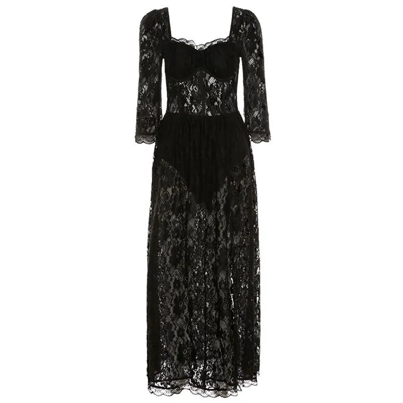 Flytonn- Sexy Scalloped High Slit Square Neck Lace Maxi Dress - Black