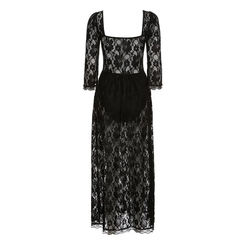 Flytonn- Sexy Scalloped High Slit Square Neck Lace Maxi Dress - Black