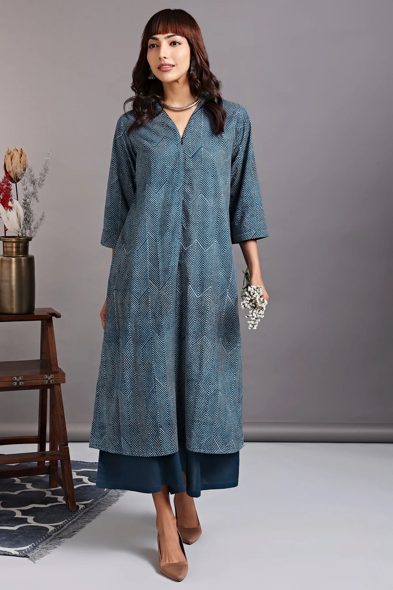 front zipper a-line kurta - azurite sparkles & serene stripes