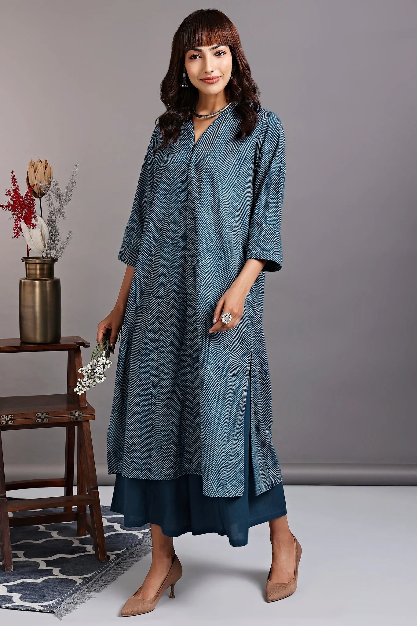 front zipper a-line kurta - azurite sparkles & serene stripes