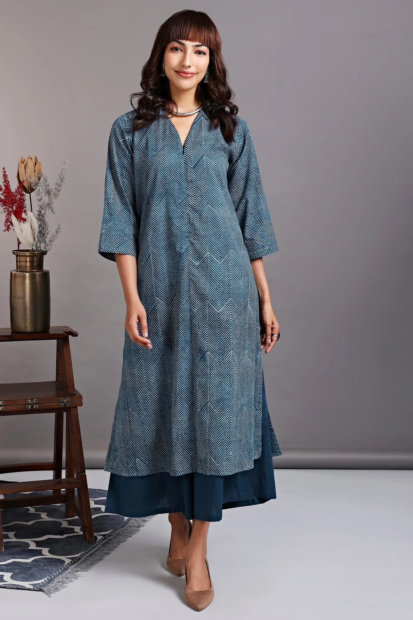 front zipper a-line kurta - azurite sparkles & serene stripes